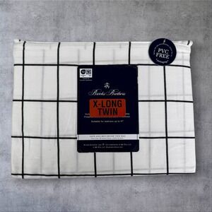 Brooks Brothers Twin XL X Long Sheet Set Luxury Cotton White Black Grid‎ Plaid